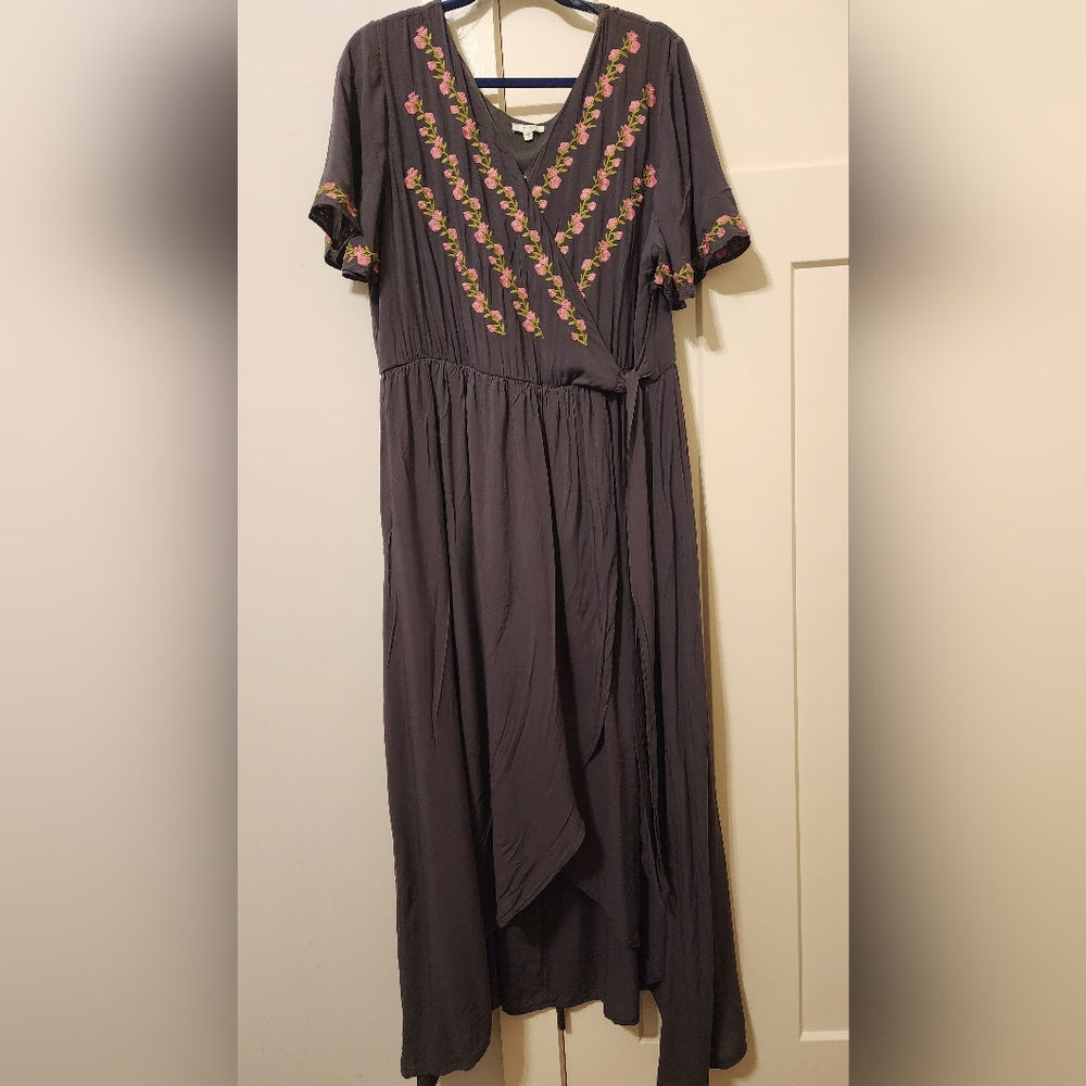 JODIFL Slate Gray Embroidered Faux Wrap Flutter Sleeve Lined Maxi Dress 1X